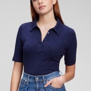 GAP Ribbed Polo Henley Top Large Navy Blue Short Sleeve Casual Minimalist